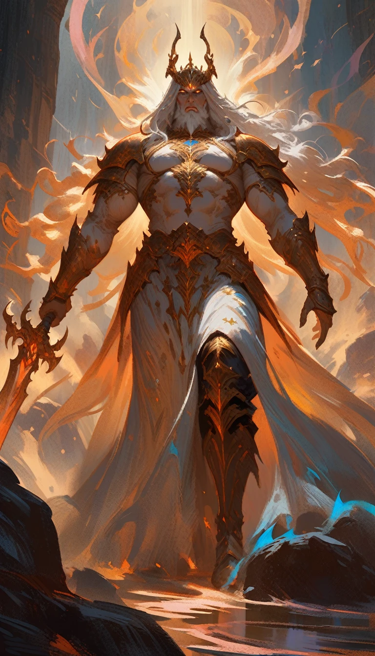 ((best quality)) , ((masterpiece)) , (detailed),weapon, armor, holding, long hair, facial hair, glowing eyes, 1boy, male focus, holding weapon, glowing, sword, outdoors, helmet, braid, teeth, fire, shoulder armor, pants, grey hair, beard, bangs, holding sword, muscular male, white hair,(((ethereal fantasy concept art , Suffering . magnificent, celestial, ethereal, painterly, epic, majestic, magical, fantasy art, cover art, dreamy)))