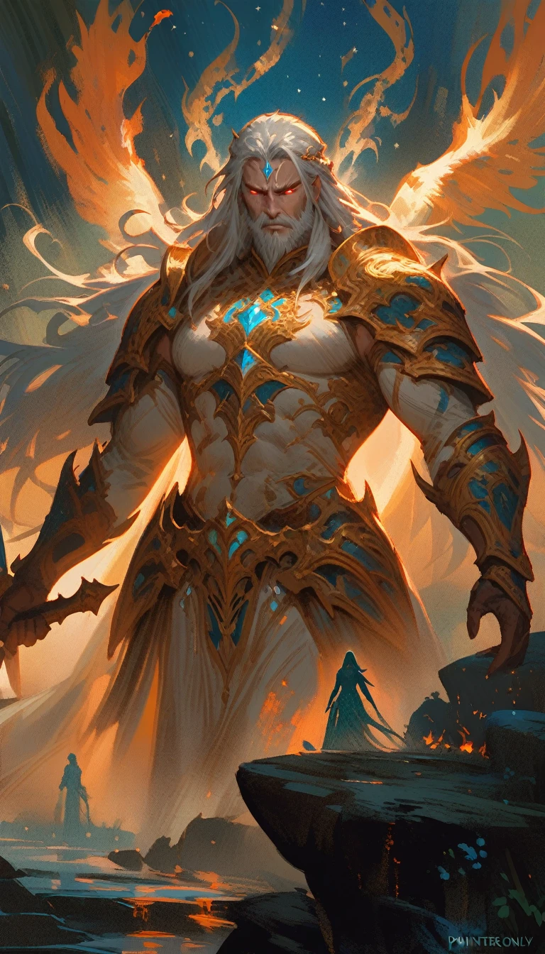 ((best quality)) , ((masterpiece)) , (detailed)，weapon, armor, holding, long hair, facial hair, glowing eyes, 1boy, male focus, holding weapon, glowing, sword, outdoors, helmet, braid, teeth, fire, shoulder armor, pants, grey hair, beard, bangs, holding sword, muscular male, white hair,(((ethereal fantasy concept art , Suffering . magnificent, celestial, ethereal, painterly, epic, majestic, magical, fantasy art, cover art, dreamy)))