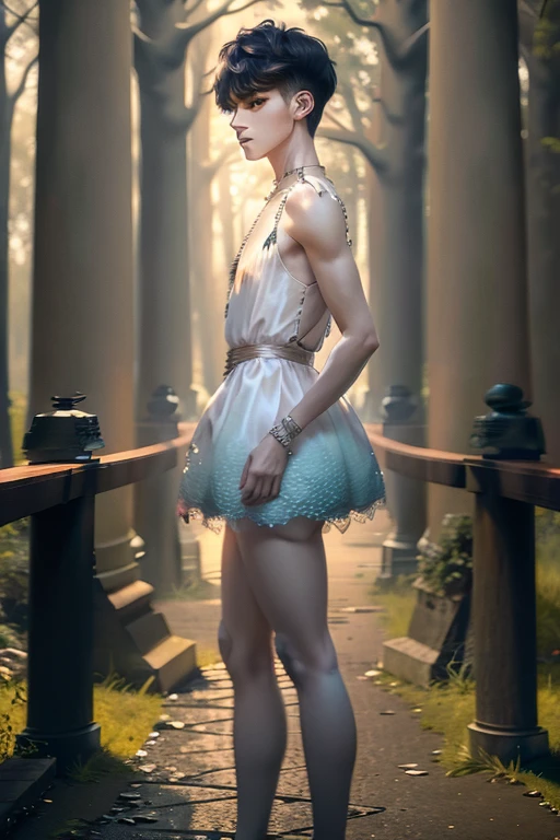 Young man wearing dress , forest , long legs, very small spikey boyish haircut 