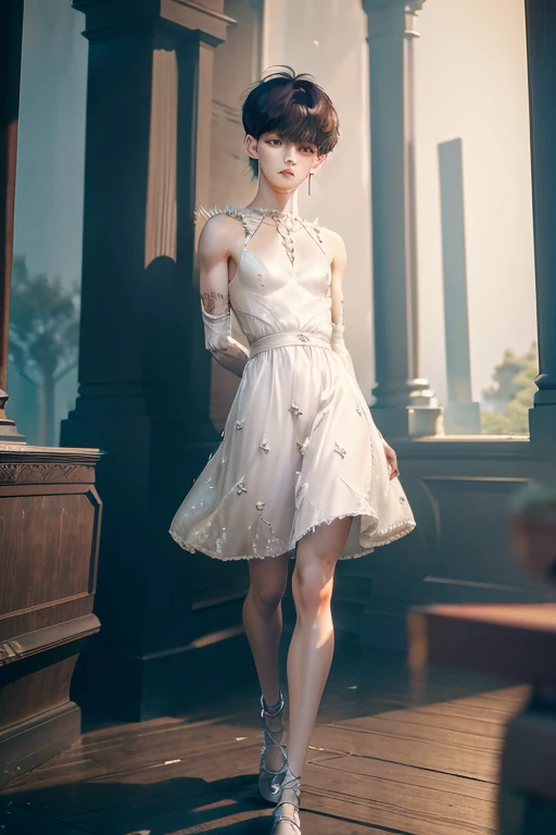 Young man wearing dress , forest , long legs, very small spikey boyish haircut