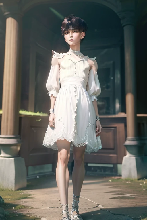 Young man wearing dress , forest , long legs, very small spikey boyish haircut 