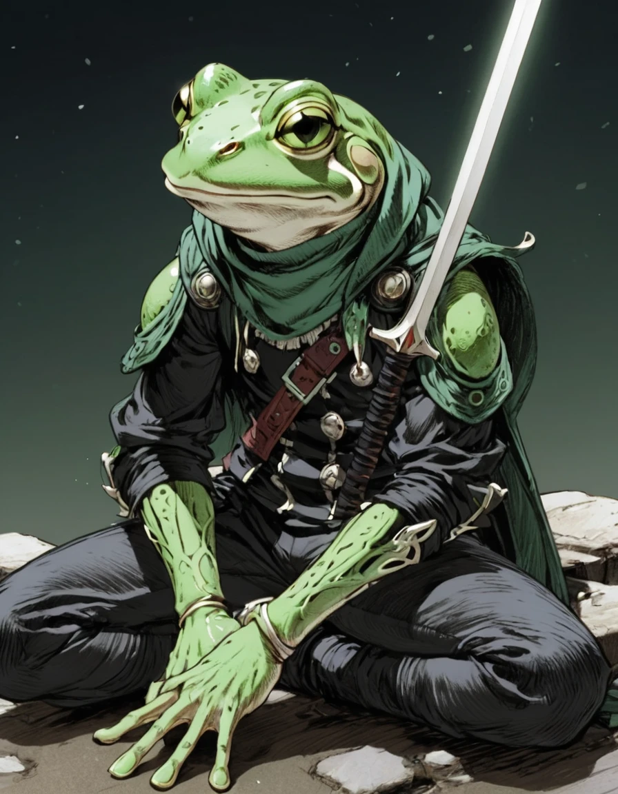 (sketch art, concept art:1.4),(masterpiece rough sketch drawing), best quality, solo closeup, crouching frog rogue, magic, warlock, dark theme, green skin, green eyes, black outfit, sword (Akihiko Yoshida Style), high contrast, on a rooftop, medieval cityscape