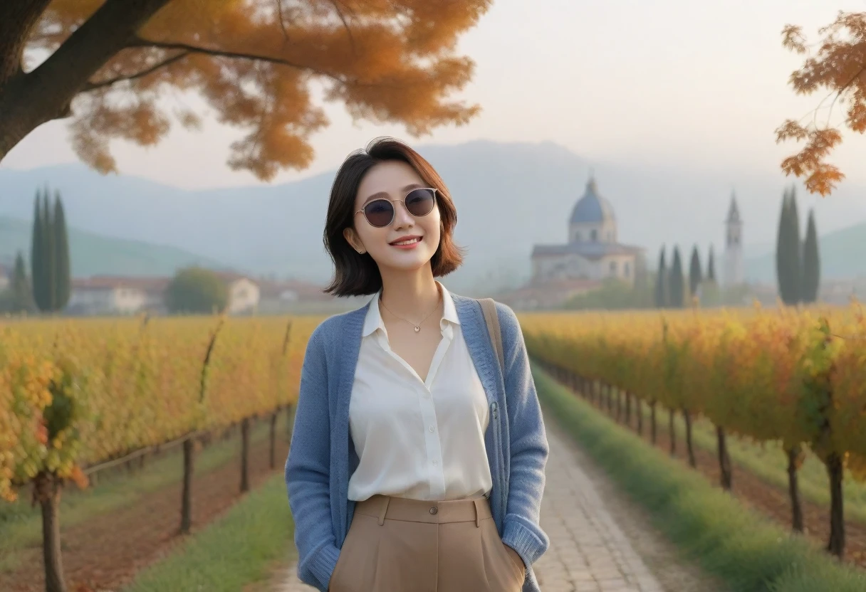 8k best picture quality, Beautiful 36-year-old Korean woman, Chest size 34 inches, Dawn in the early autumn countryside in northern Italy, View of the cathedral next to the vineyards, The back background is realistic and vivid image quality, short medium hair, Wear a shirt and cardigan and casual pants, Smile slightly. the background is clear, looking up the side., Looking at vineyards covered in thick fog from a tree-lined path, Wearing thick horn-rimmed sunglasses