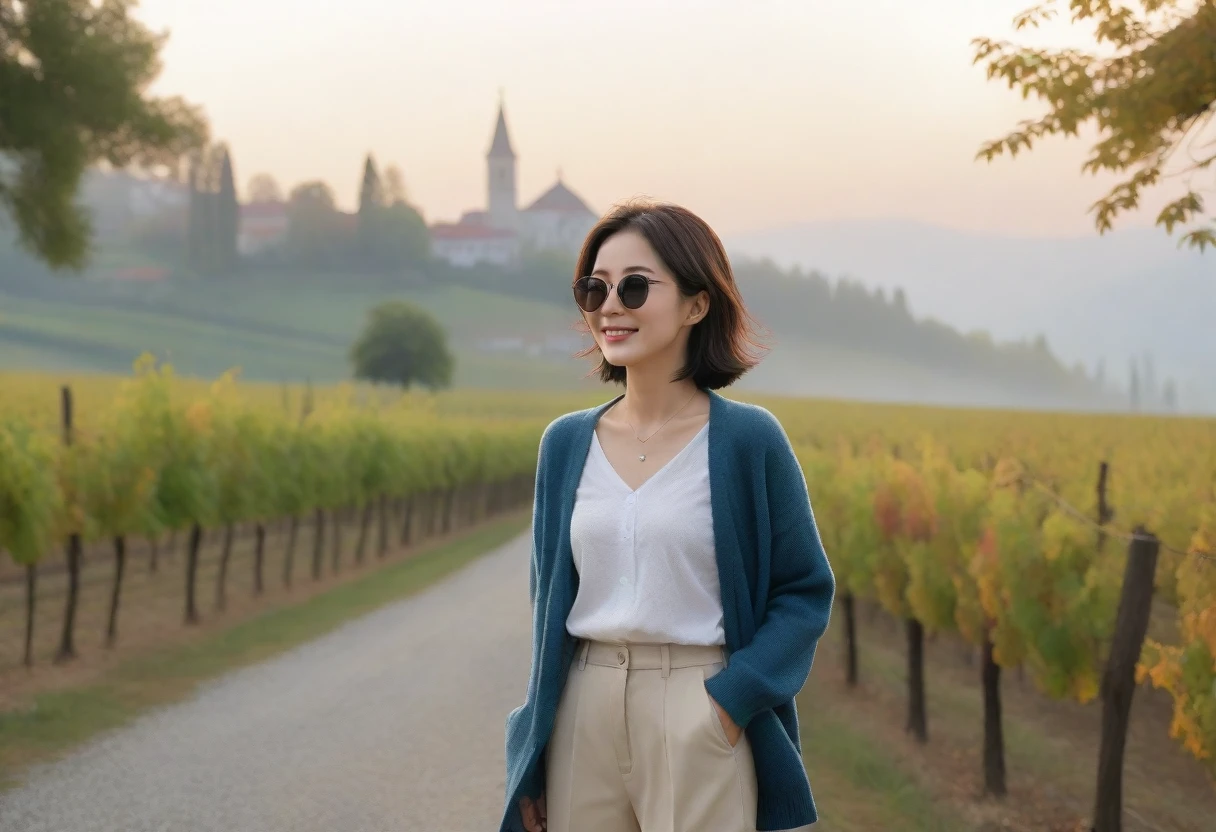 8k best picture quality, Beautiful 36-year-old Korean woman, Chest size 34 inches, Dawn in the early autumn countryside in northern Italy, View of the cathedral next to the vineyards, The back background is realistic and vivid image quality, short medium hair, Wear a shirt and cardigan and casual pants, Smile slightly. the background is clear, looking up the side., Looking at vineyards covered in thick fog from a tree-lined path, Wearing thick horn-rimmed sunglasses