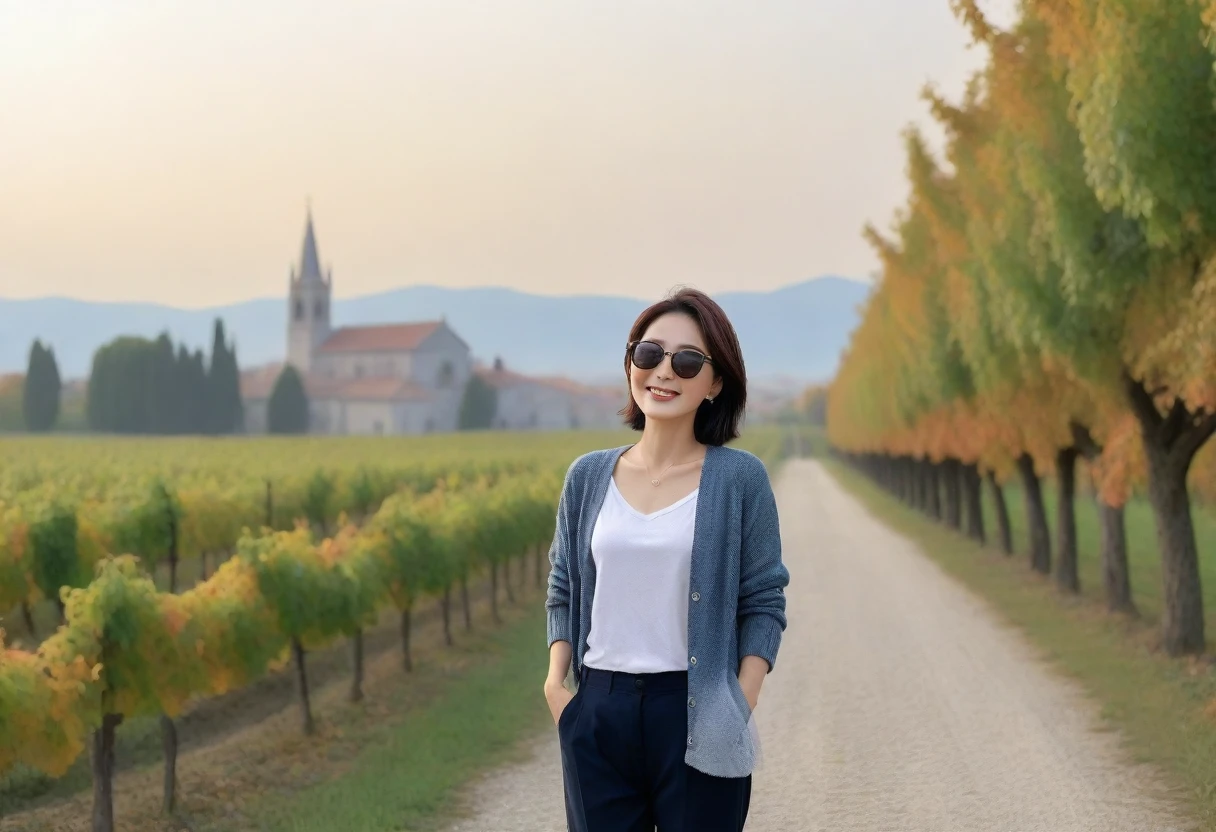 8k best picture quality, Beautiful 36-year-old Korean woman, Chest size 34 inches, Dawn in the early autumn countryside in northern Italy, View of the cathedral next to the vineyards, The back background is realistic and vivid image quality, short medium hair, Wear a shirt and cardigan and casual pants, Smile slightly. the background is clear, looking up the side., Looking at vineyards covered in thick fog from a tree-lined path, Wearing thick horn-rimmed sunglasses