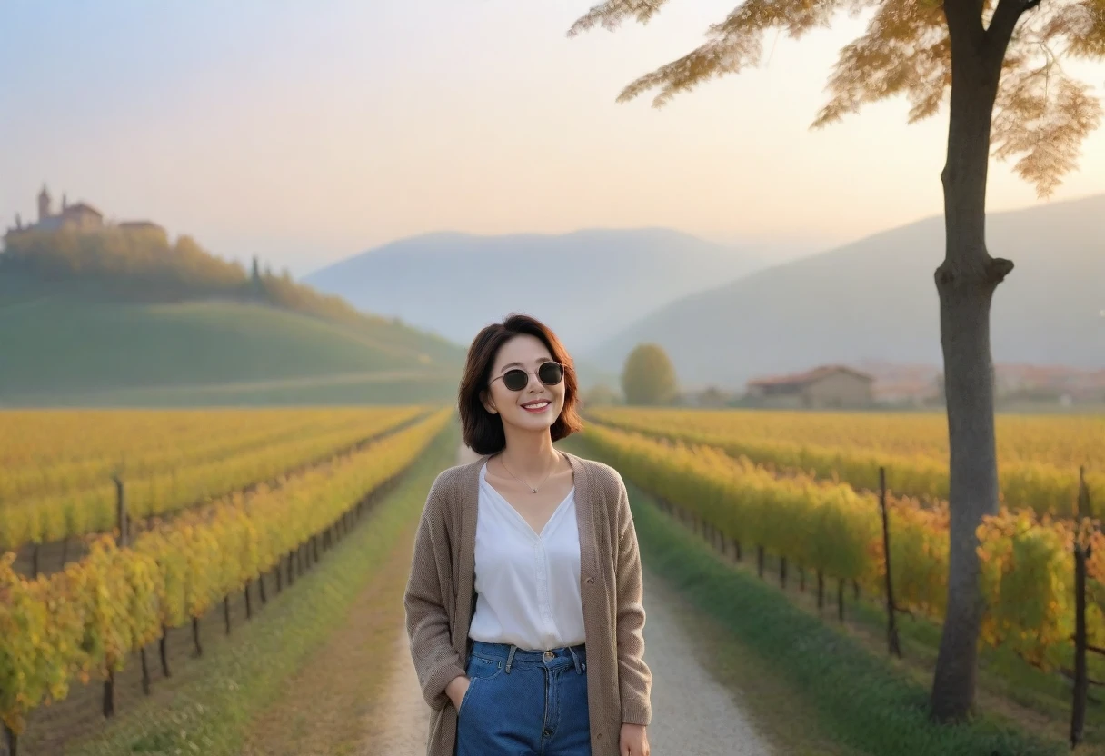 8k best picture quality, Beautiful 36-year-old Korean woman, Chest size 34 inches, Dawn in the early autumn countryside in northern Italy, View of the cathedral next to the vineyards, The back background is realistic and vivid image quality, short medium hair, Wear a shirt and cardigan and casual pants, Smile slightly. the background is clear, looking up the side., Looking at vineyards covered in thick fog from a tree-lined path, Wearing thick horn-rimmed sunglasses