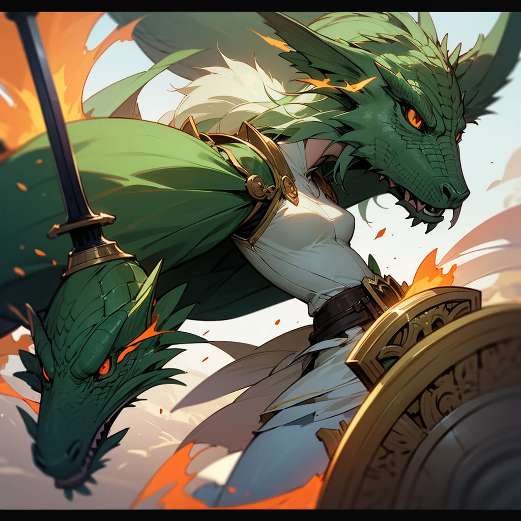 high resolution、Warrior Girl。armor、sword、Equipped with a shield。Fantasy、beautiful。Protected by the Dragon God。Overall green image