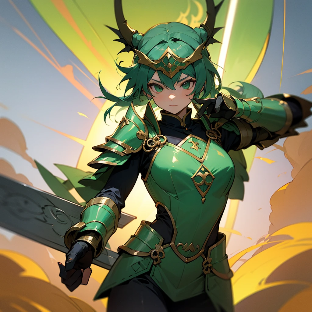 high resolution、Warrior Girl。armor、sword、Equipped with a shield。Fantasy、beautiful。Protected by the Dragon God。Overall green image