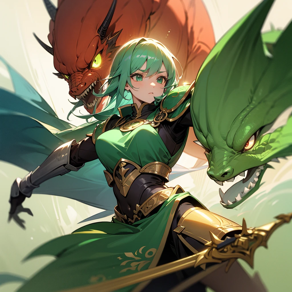 high resolution、Warrior Girl。armor、sword、Equipped with a shield。Fantasy、beautiful。Protected by the Dragon God。Overall green image