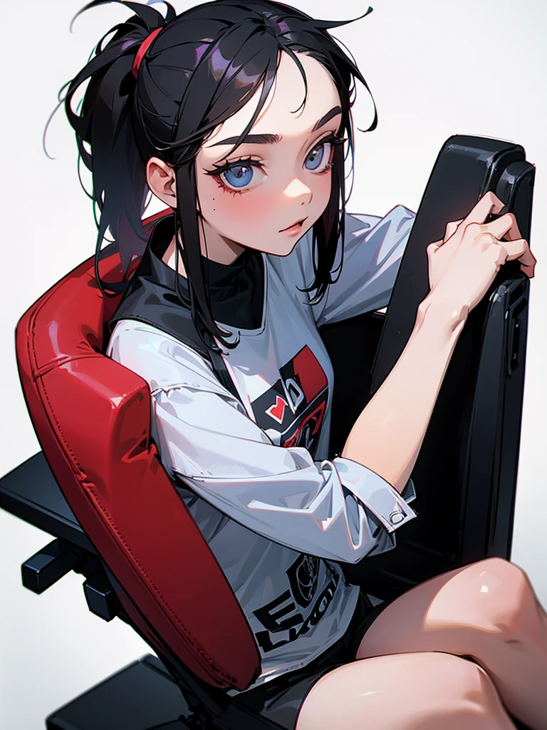 Woman, 20 years old, black ponytail style hair, outfit grunge. currently drawing digital art, secret lab gaming chair.