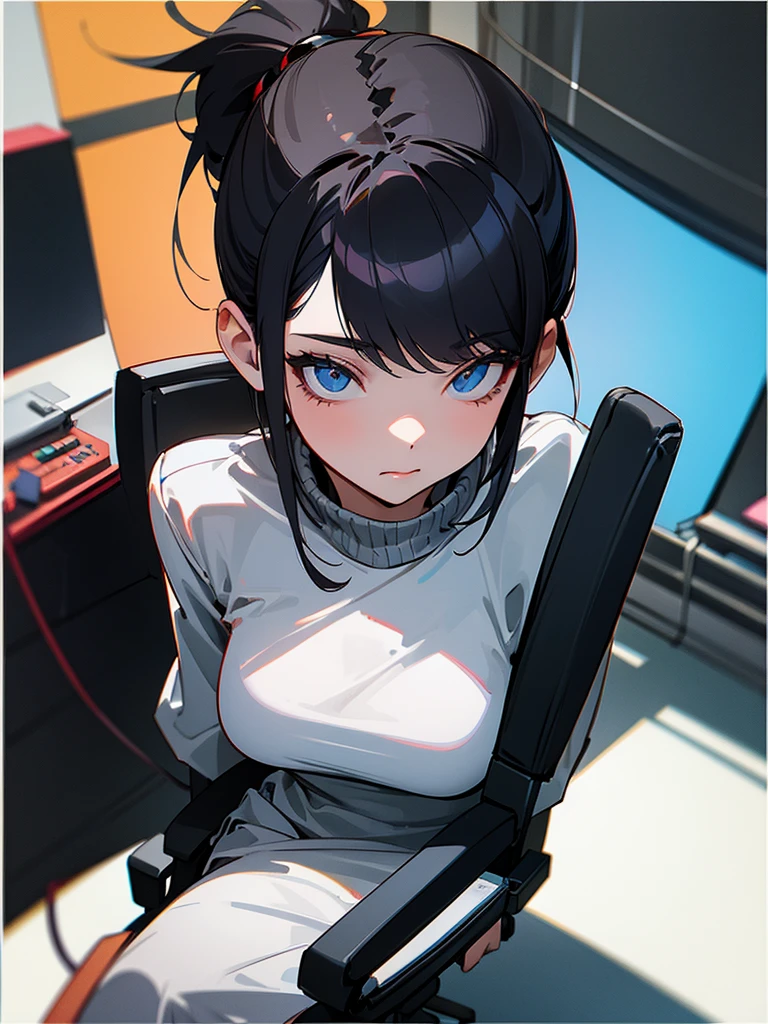 Woman, 20 years old, black ponytail style hair, outfit grunge. currently drawing digital art, secret lab gaming chair.