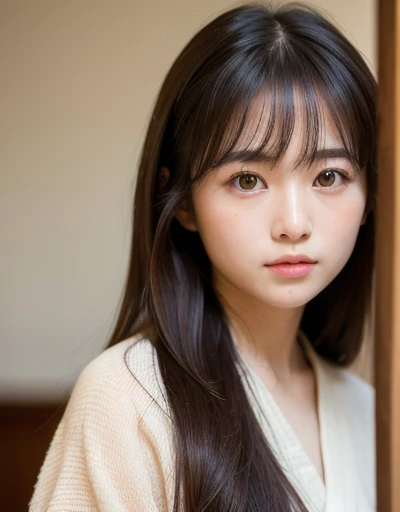 Highest quality, Face Focus, Soft Light, Ultra-high resolution, (Realistic:1.4), RAW Photos,
1 Japanese girl, alone, cute, (pupil, Light in your eyes),  Beautiful face in every detail, (Small box),(High resolution detail of human skin texture),
(Long Hair),
indoor,
Damask Shirt Dress,
(Portraiture)