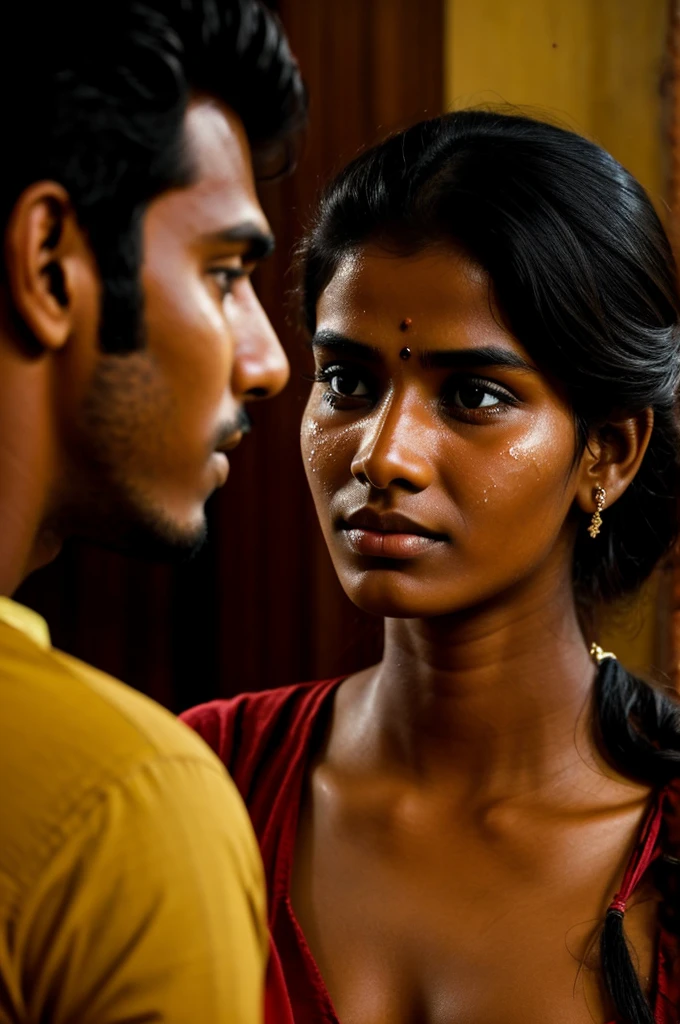 A beautiful young man in Sri Lanka looks at his beautiful girlfriend who is leaving him with tearful eyes.