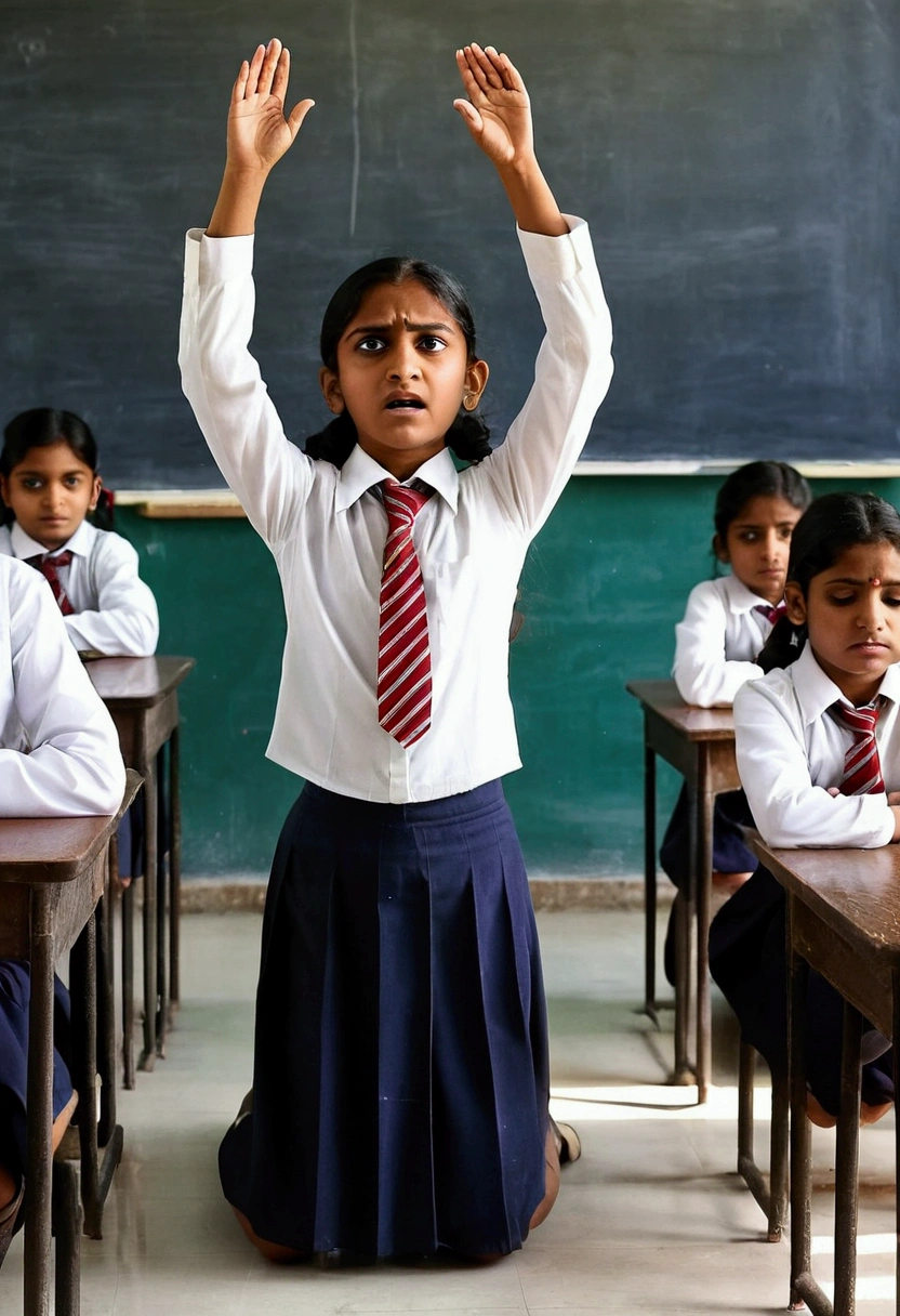 Indian school girl was punished to kneel down and hands up..teacher is watching is she doing the punishment right. So she is in pain