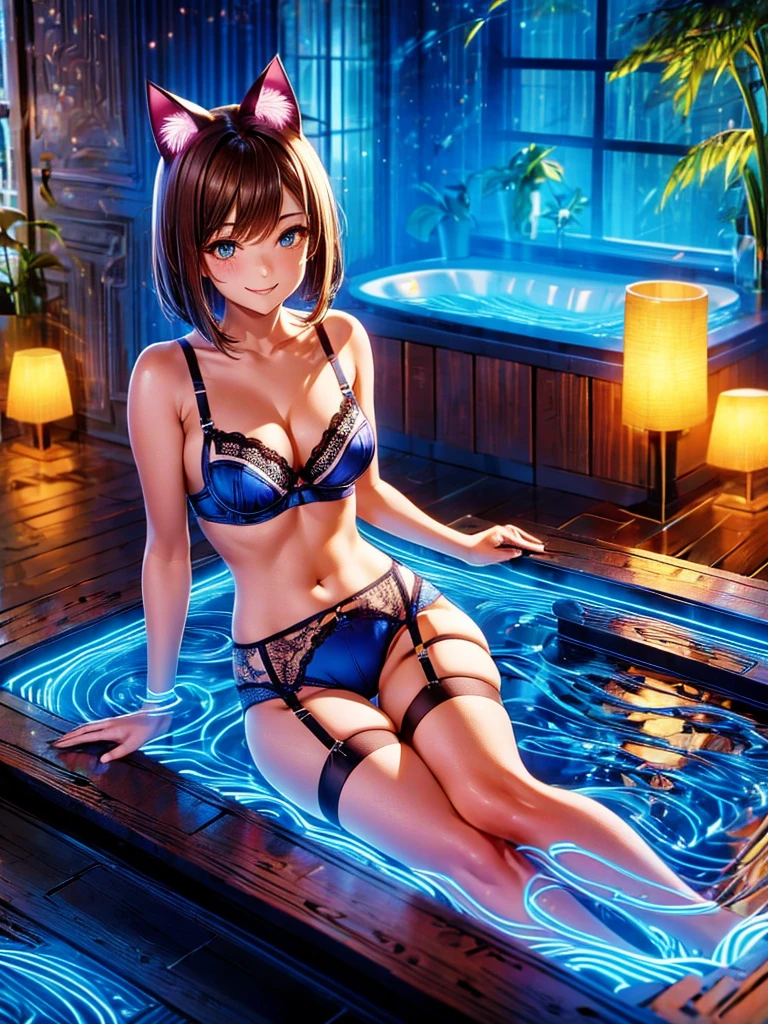 Highest quality,Highest Resolution,Smiling beautiful girl in underwear,bath,Get in the big bathtub,Sexy Lingerie,High leg,garter belt,Brown hair short bob,Cat ear,Drink,whole body,up,front,