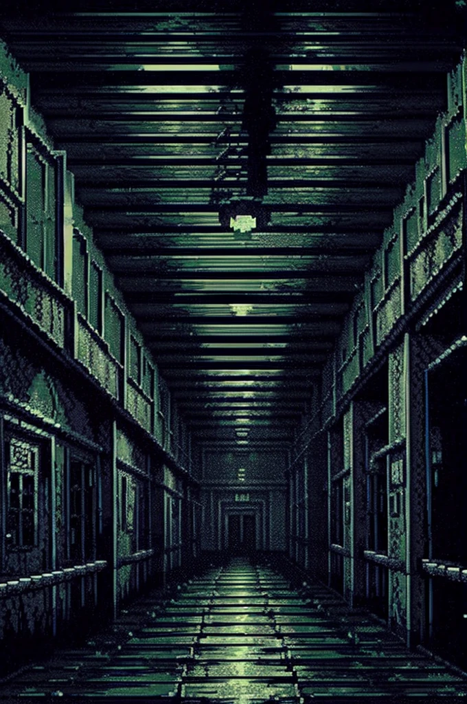 a dark and scary hospital hallway, in pixelart style for a game