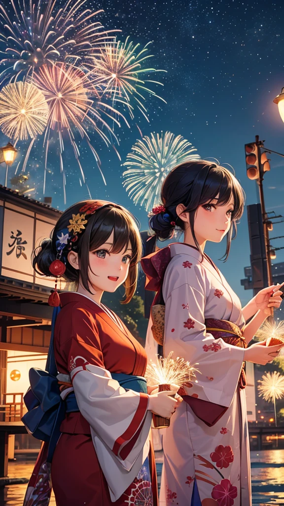 Japanese summer fireworks festival, spectacular night sky filled with vibrant exploding fireworks, colorful bursts of red, gold, green, and blue, shimmering reflections on river surface, crowded riverbank with spectators in yukata and jinbei, families on picnic blankets, food stalls with lanterns, yakisoba and takoyaki vendors, children with sparklers, couples sharing cotton candy, bridge in background, distant city skyline, clear starry sky between fireworks, animated excited expressions on people's faces, detailed anime style illustration, dynamic composition capturing both fireworks and crowd, warm summer evening atmosphere