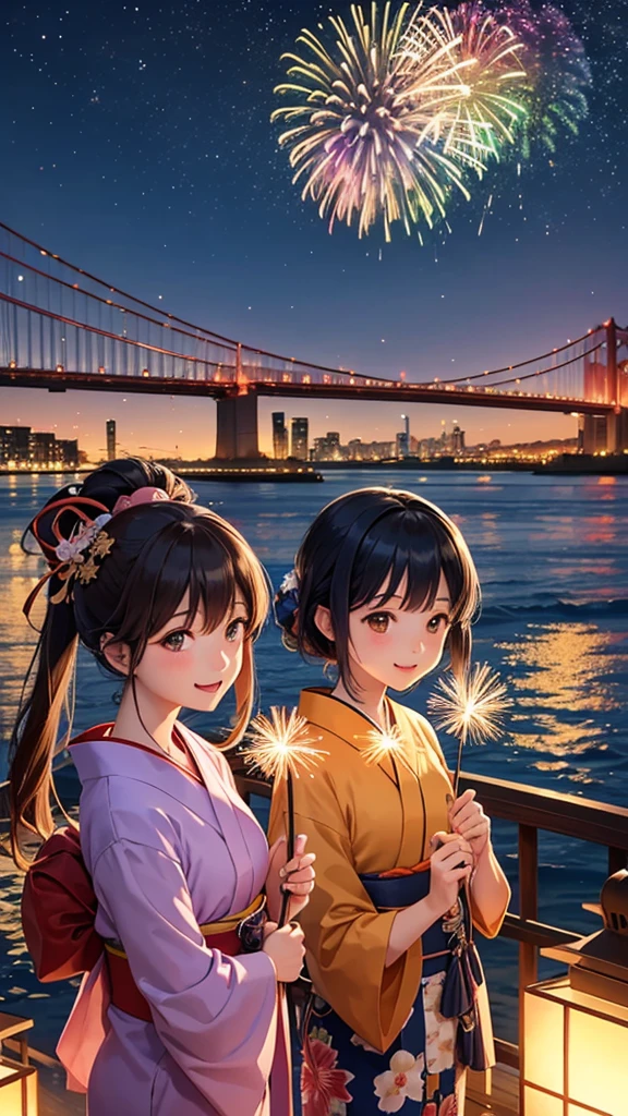 Japanese summer fireworks festival, spectacular night sky filled with vibrant exploding fireworks, colorful bursts of red, gold, green, and blue, shimmering reflections on river surface, crowded riverbank with spectators in yukata and jinbei, families on picnic blankets, food stalls with lanterns, yakisoba and takoyaki vendors, children with sparklers, couples sharing cotton candy, bridge in background, distant city skyline, clear starry sky between fireworks, animated excited expressions on people's faces, detailed anime style illustration, dynamic composition capturing both fireworks and crowd, warm summer evening atmosphere