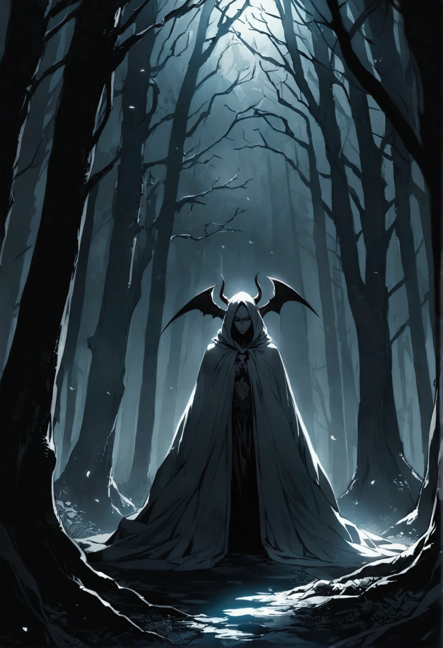 a demon wrapped in a cloak of darkness in the middle of the forest