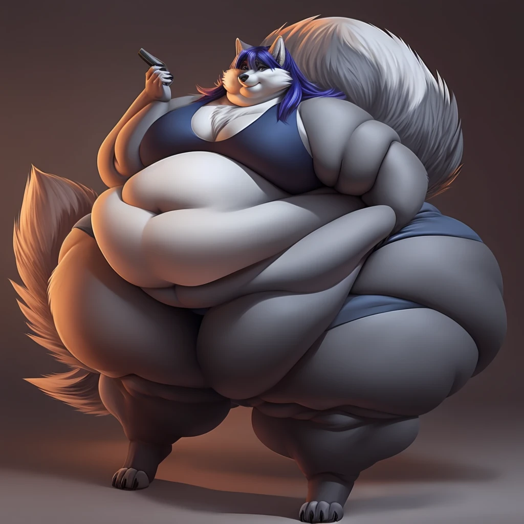 Grey wolf, female, long hair, massive breasts, massive hips, massive thighs, morbidly obese, fat arms, fat legs, belly rolls, fat rolls,fat neck, chubby cheeks, double chin,big fluffy tail