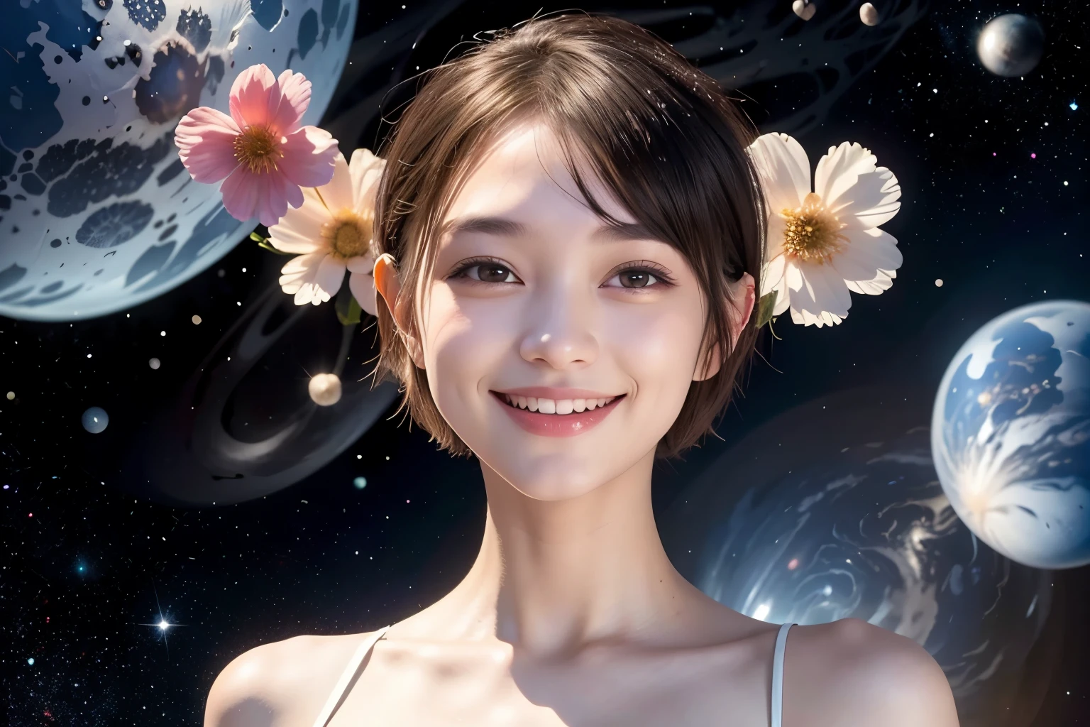 258 19-year-old female, (short hair),(Abstract background,universe), smile, flower