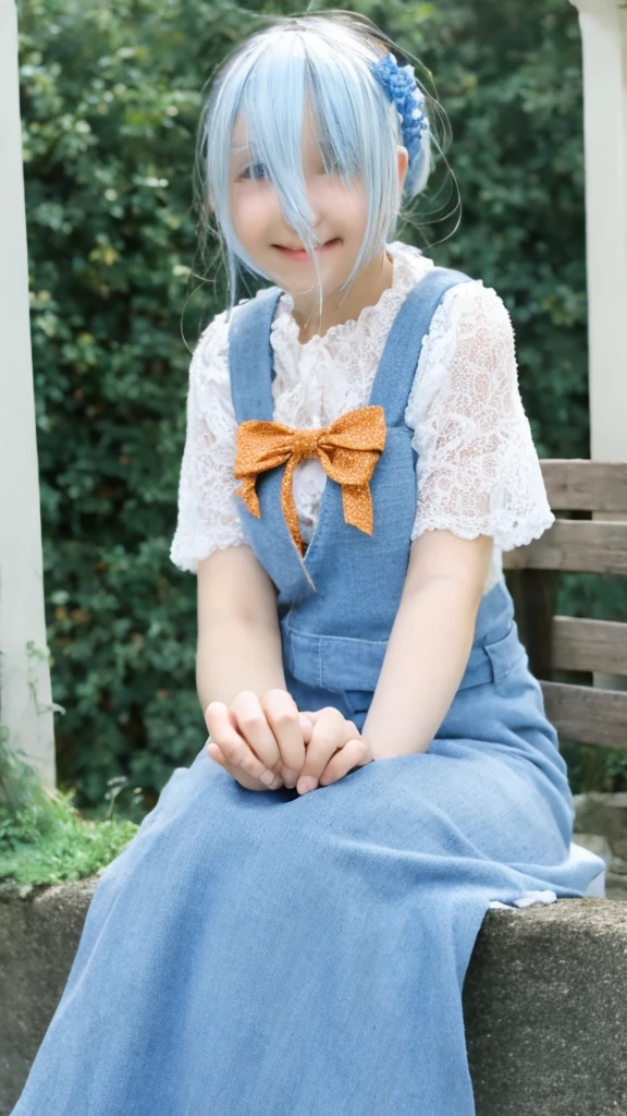 One girl, orange sleeves, Gray Hair, White skin, Light blue hair accessory, Blue suspenders, Blue clothes, Bright Blue Eyes, Barefoot, Double Knit