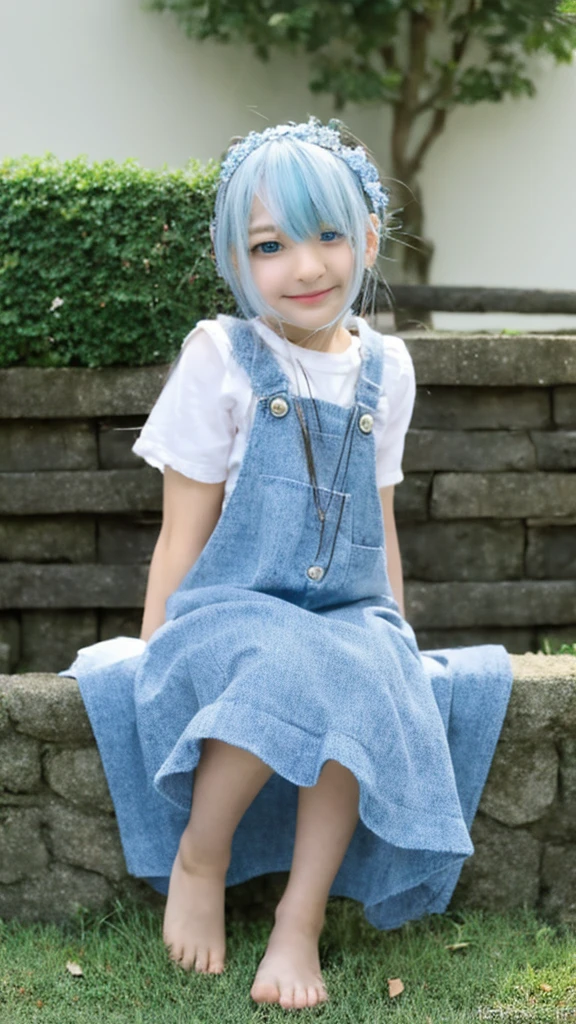 One girl, orange sleeves, Gray Hair, White skin, Light blue hair accessory, Blue suspenders, Blue clothes, Bright Blue Eyes, Barefoot, Double Knit