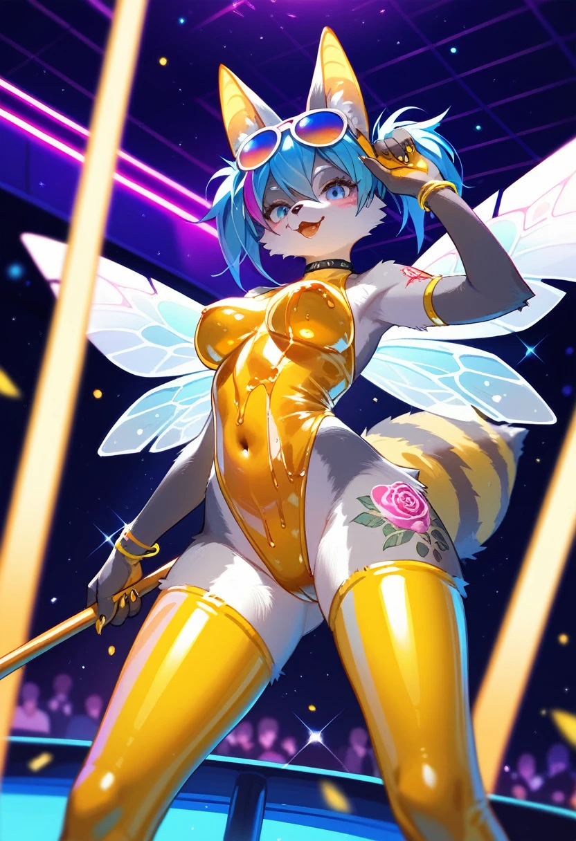 Highest quality, Highest quality, High quality illustrations, masterpiece, Ultra-high resolution, Detailed Background, club, Disco, Absurd, Perfect Anatomy, performance, Good lighting, Shadows in the movies(kemono, Furry Personifi猫ion), bee, honey colored, Yellow Color, Honey Latex, neon, neonカラー, cyber punk, 蜜beeの衣装, 蜜beeコスプレ, ラバーの蜜beeの尻尾, Bee Wings, enamel, sunglasses, Tattoo, first round, Dynamic Angle