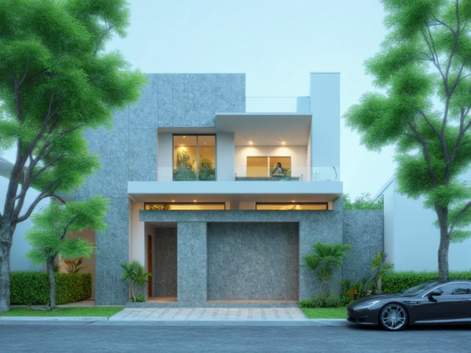 modern villa on street, (daylight), tropical tree, green shrub and plants, vivid color, streetcapes, minimalist design, brigth grey tone, (large glass door:1.2), warm interior lighting, modern material, best quality, ultra realistic, masterpiece,