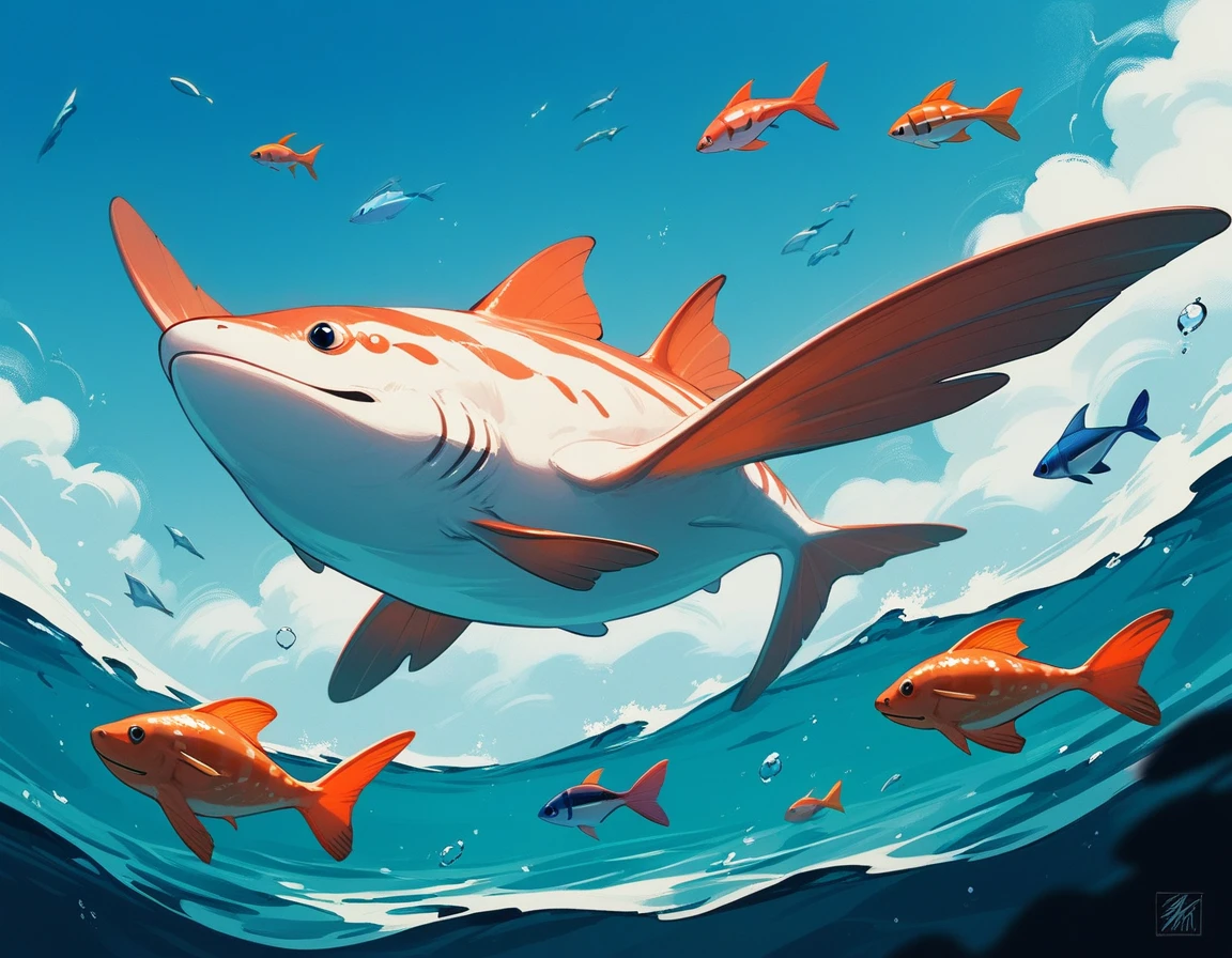(score_9,score_8_up,score_7_up,score_6_up,score_5_up,score_4_up)Aquatic fish-like monster with flying fish-like wings in retro art style