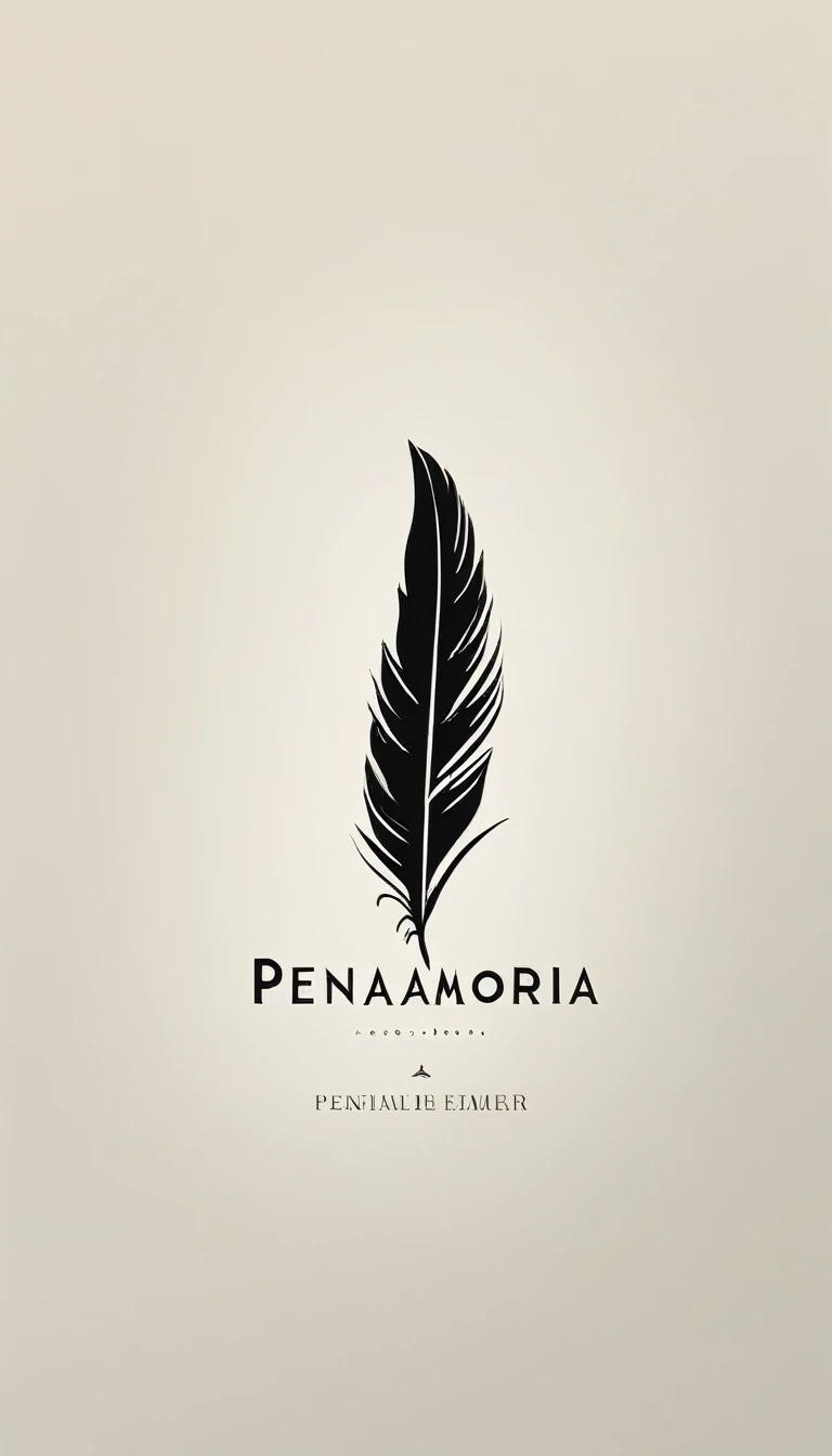 A minimal, modern, simple, cinematic logotype for the brand “Penamemoria". The logotype must be a simple, magical feather. The logo must convey a sense of music, stories and dreams. Logo design impressed on a book cover. Minimalistic logo