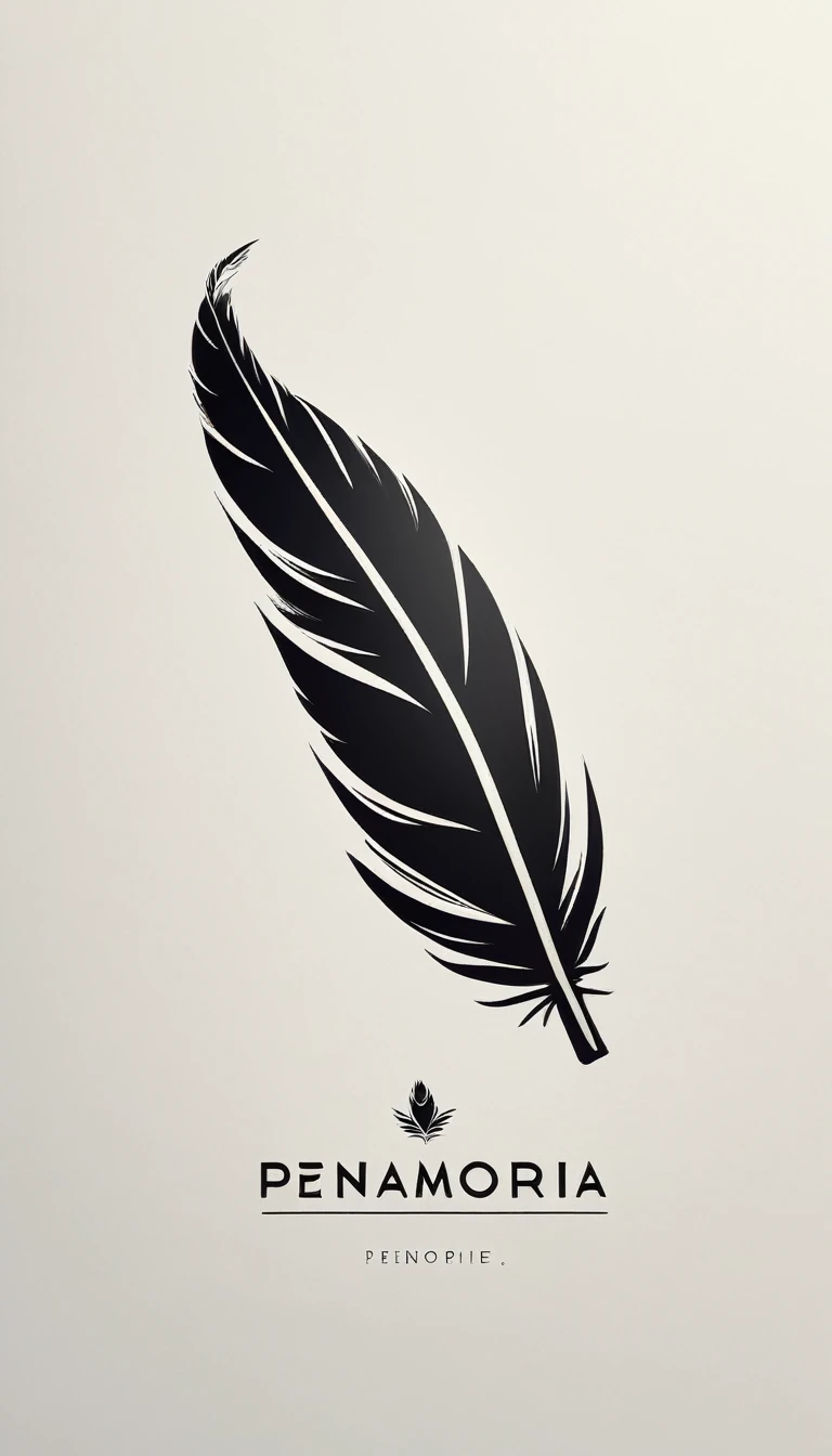 A minimal, modern, simple, cinematic logotype for the brand “Penamemoria". The logotype must be a simple, magical feather. The logo must convey a sense of music, stories and dreams. Logo design impressed on a book cover. Minimalistic logo