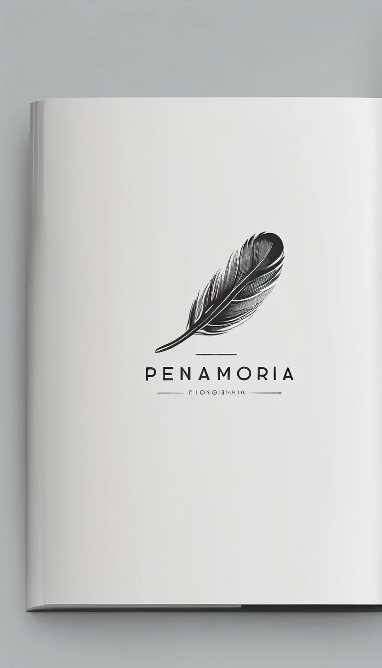 A minimal, modern, simple, cinematic logotype for the brand “Penamemoria". The logotype must be a simple, magical feather. The logo must convey a sense of music, stories and dreams. Logo design impressed on a book cover. Minimalistic logo