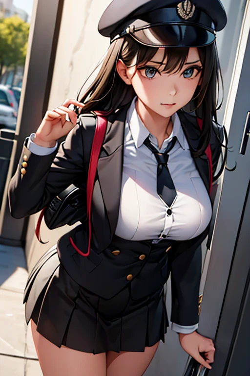 "A high school girl in a futuristic uniform. She is wearing a monochrome fitted blazer with metallic buttons and a school emblem on the left chest. Underneath, she has a clean white shirt with hidden buttons and thin lines on the collar and cuffs. Her skirt is knee-length, A-line with simple stripes matching the blazer, or alternatively, she could be wearing tight-fit straight pants with the same pattern. She has black or dark grey sneakers with silver accents. She also has accessories like a tie or ribbon in the school colors, a lightweight, multifunctional backpack with reflectors, and possibly a cap or beret for outdoor activities. The uniform fabric has temperature control, stain resistance, and antibacterial properties."