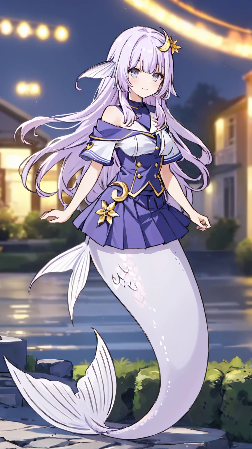 ((best quality, clearly_image)),  1 Girl,Lilac hair,Gray eyes,Bangs,Ji Qie, masterpiece, Smile, Long hair,outdoor,Crescent hair ornament,Uniforms,mini skirt,Ruffle skirt,Off-shoulder,Mermaid