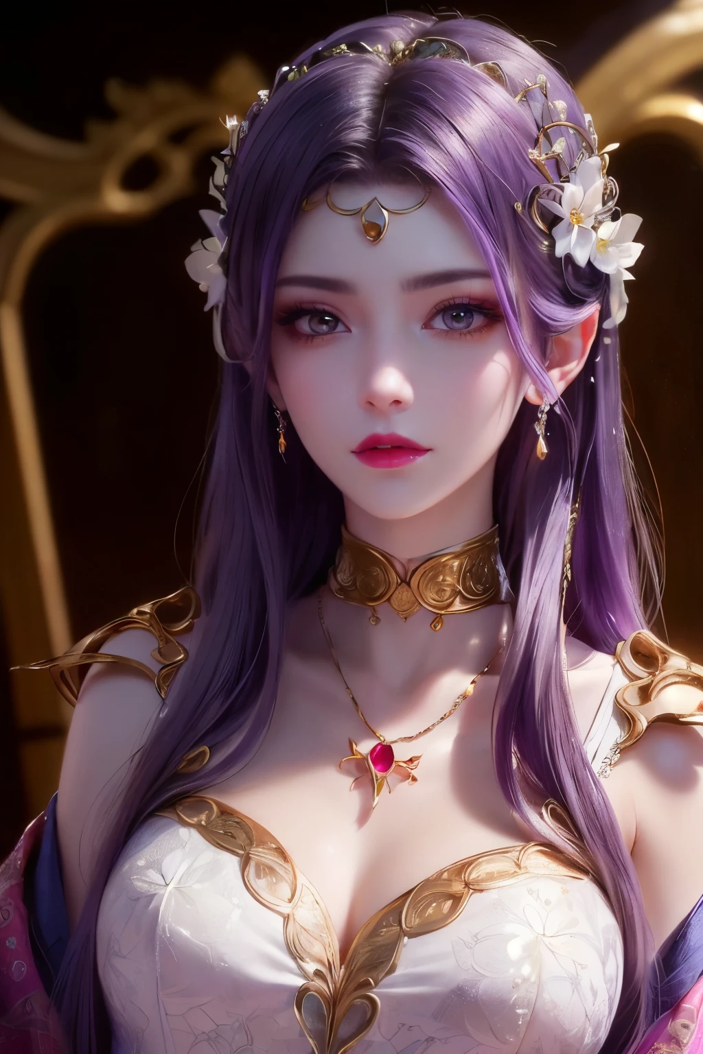 half length body image of beautiful young goddess, goddess style, bright and mysterious, (pure and flawless face: 1.9), saint body, long flat bangs, long light purple hair, not smiling, mouth closed, delicate and beautiful pino detailing, beautiful clear face and well-proportioned purple eyes, round eyes and makeup, beautiful eyes, volume Smooth and sharp, (tanned white skin: 1.4), best hair jewelry, fictional art, RAW photos, hanfu photos, best photos, high resolution, best quality, best photos, best young goddess quality, very beautiful and meticulous hair makeup, long and delicate light purple hair, delicate, wearing a long ethereal detailed rainbow dress, beautiful detailed crystal crown on her head, beautiful rainbow background