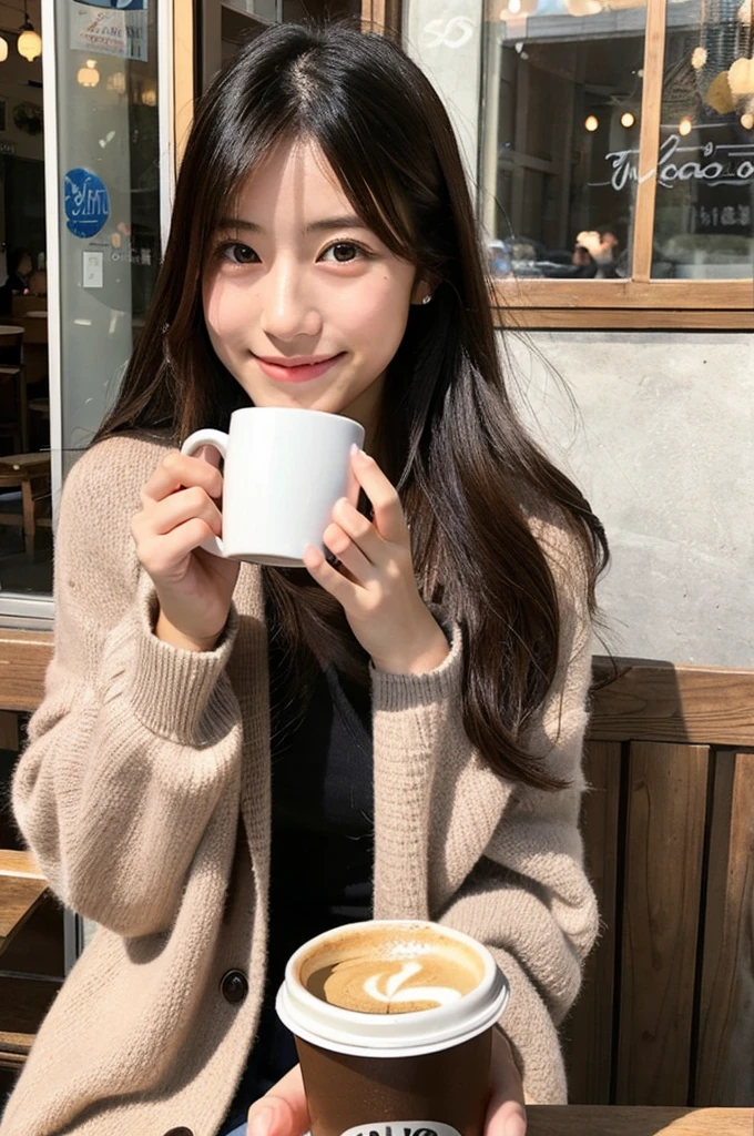 Beautiful Japanese Women、20-year-old、Drinking coffee at a cafe