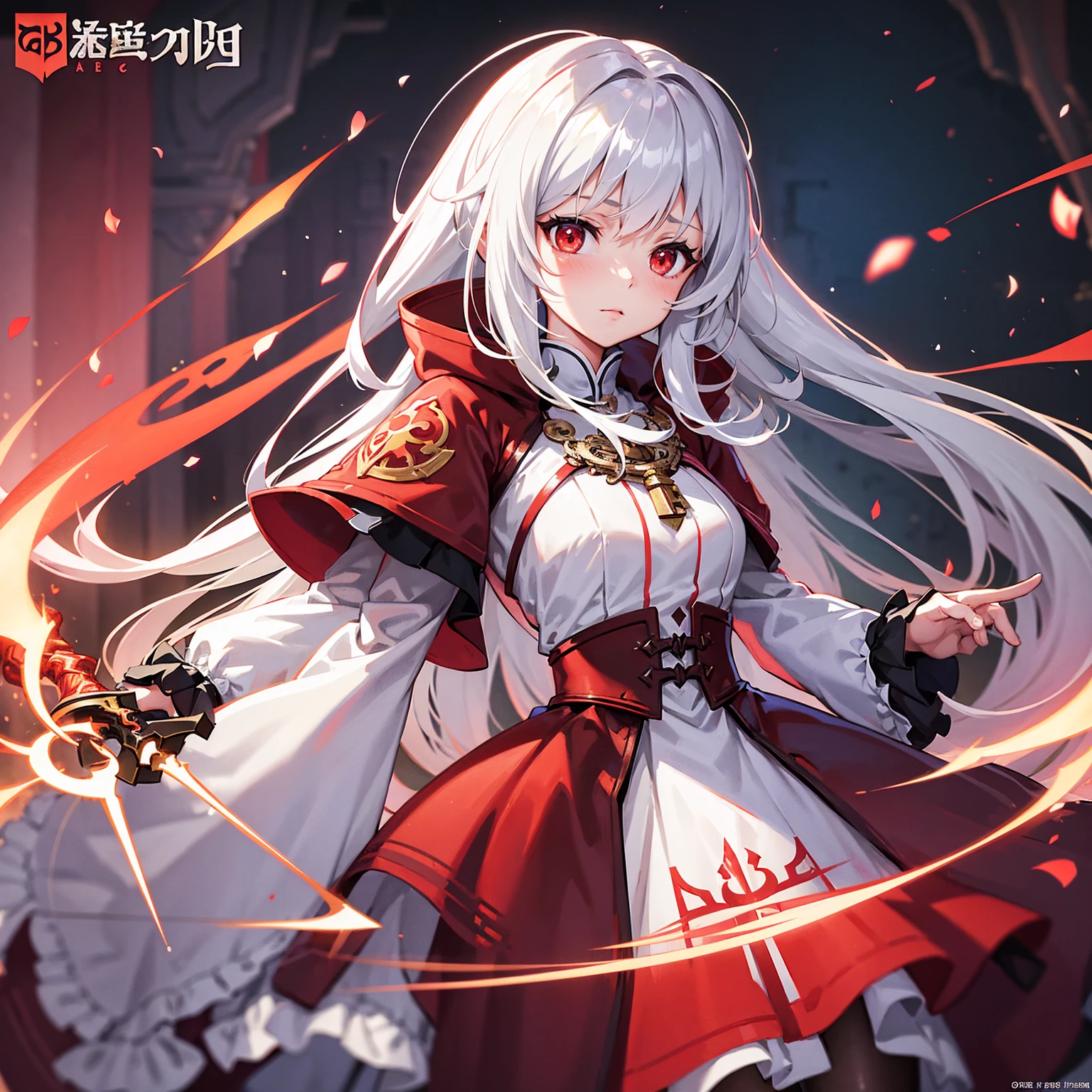 Wearing a red and white dress、anime girl holding sword, Highly detailed official artwork, Epic Light Novel Cover Art, epic Light novel cover art, Silver and red armor, guweiz on pixiv artstation, Anime style 4k, Detailed key animation art, Light novel cover art, Anime Fantasy Artwork,White hair and red eyes,Side Ponytail,Waist-length hair,1 Girl,Portraiture