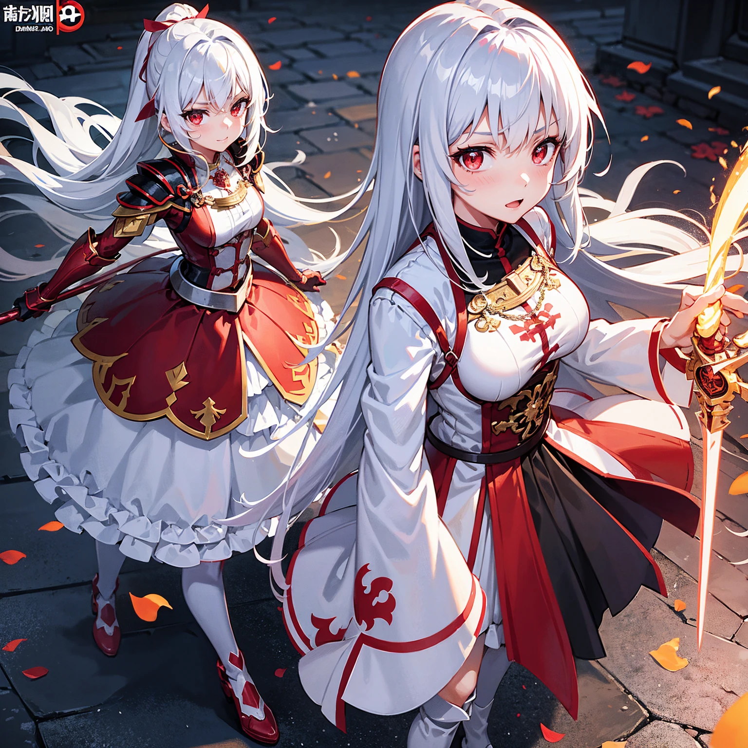 Wearing a red and white dress、anime girl holding sword, Highly detailed official artwork, Epic Light Novel Cover Art, epic Light novel cover art, Silver and red armor, guweiz on pixiv artstation, Anime style 4k, Detailed key animation art, Light novel cover art, Anime Fantasy Artwork,White hair and red eyes,Side Ponytail,Waist-length hair,1 Girl,Portraiture