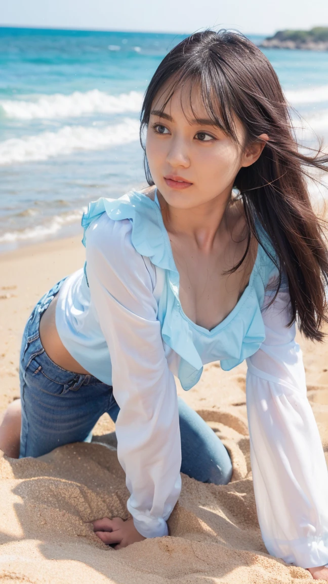 (((8k、Highest quality、masterpiece、Ultra-high resolution)))、(Realistic:1.4)、RAW Photos、(Realistic skin texture:1.3)、(Film Grain:1.3)、((One Girl、Beautiful and detailed eyes, Face and skin texture、naked足))、Cute Japanese Woman、Beach、A strong wind is blowing、Her hair and skirt are flying、(((On all fours, Crawl)))、Pleated skirt、((naked:1.35))、splash、Sandy Beach、Light of the sun、clear blue sea、The waves crash quietly、Blue sky and white clouds、Beautiful Nature、(((Open blouse:1.33)))、((No underwear、Raise one leg))、