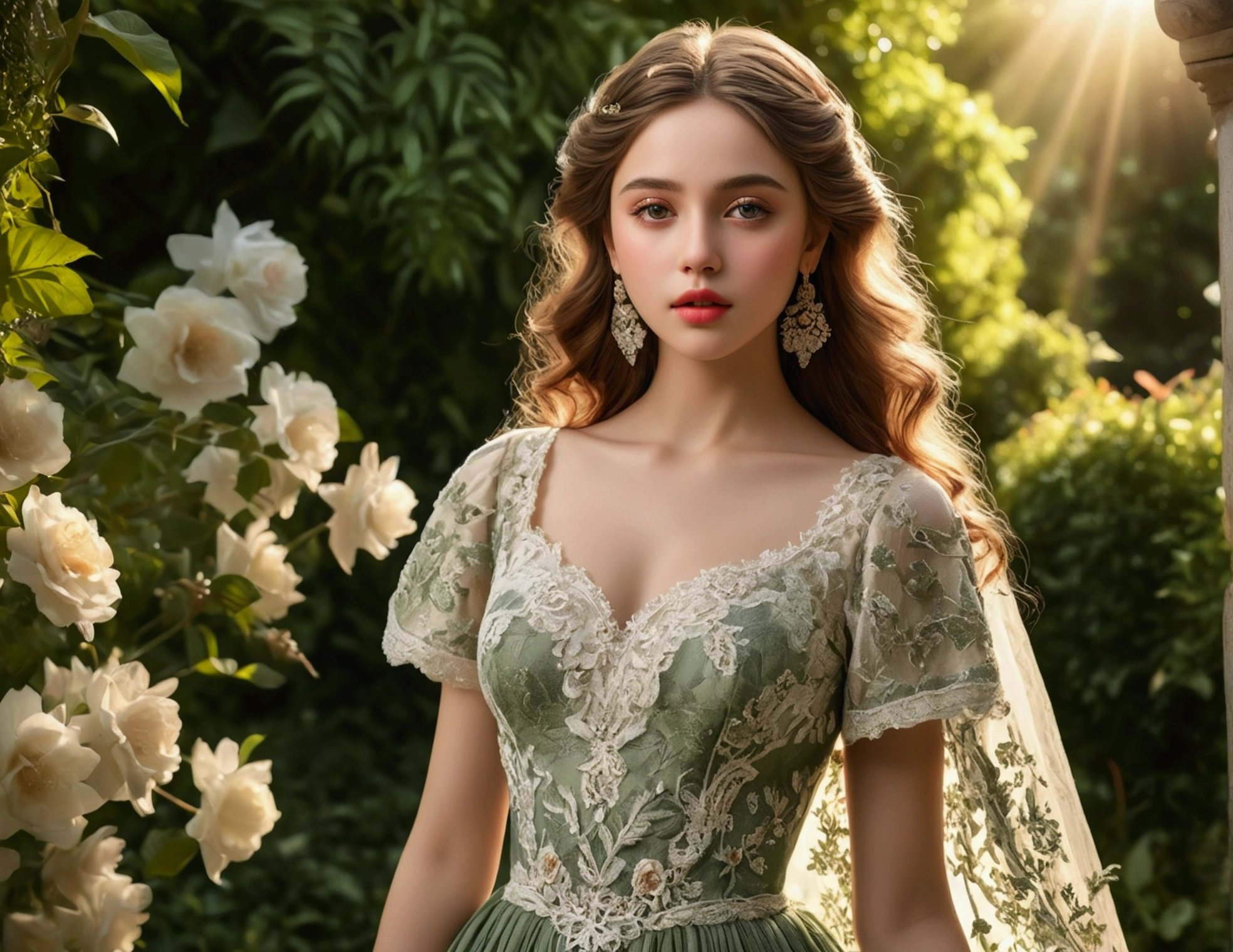 a girl in a garden, beautiful detailed eyes, beautiful detailed lips, extremely detailed eyes and face, long eyelashes, elegant long dress, cinched waist, flowing skirt, soft fabric, intricate floral patterns, garden backdrop, lush greenery, sunlight streaming through trees, warm color palette, highly detailed, masterpiece, (best quality,4k,8k,highres,masterpiece:1.2),ultra-detailed,(realistic,photorealistic,photo-realistic:1.37)