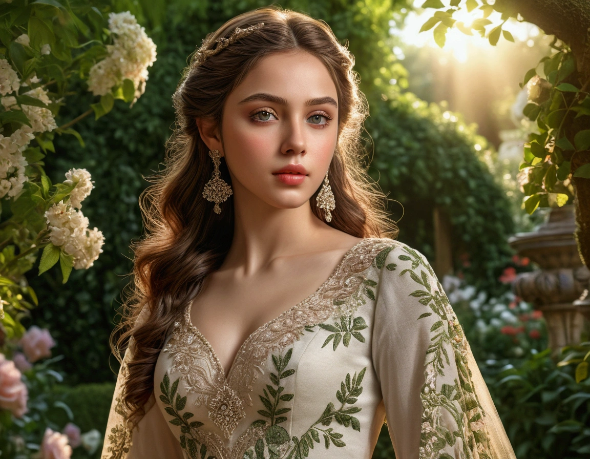 a girl in a garden, beautiful detailed eyes, beautiful detailed lips, extremely detailed eyes and face, long eyelashes, elegant long dress, cinched waist, flowing skirt, soft fabric, intricate floral patterns, garden backdrop, lush greenery, sunlight streaming through trees, warm color palette, highly detailed, masterpiece, (best quality,4k,8k,highres,masterpiece:1.2),ultra-detailed,(realistic,photorealistic,photo-realistic:1.37)