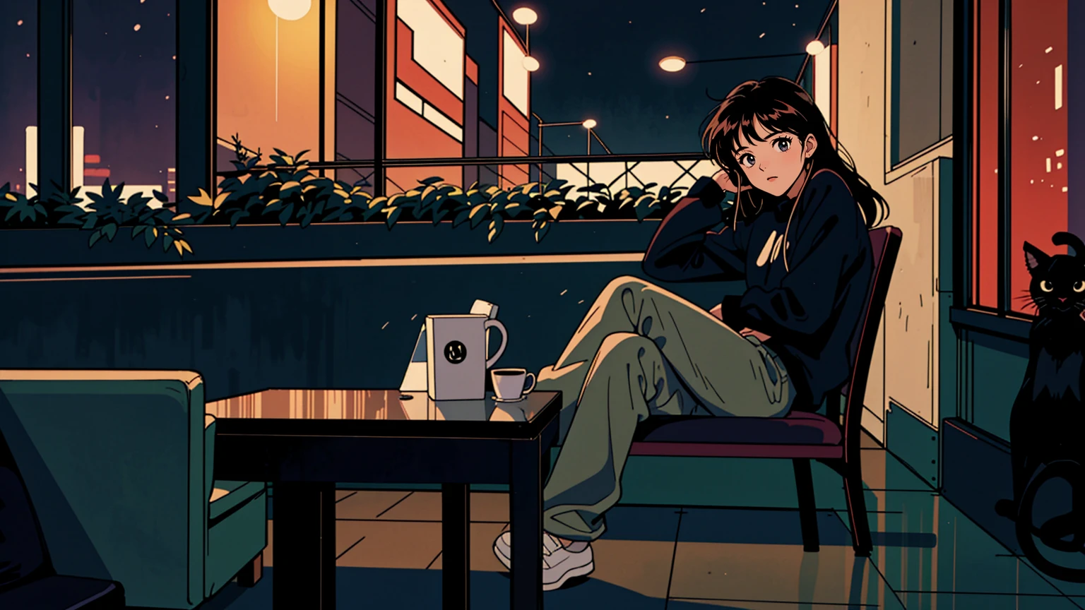 Highest quality, 8k, 1990s style,Hairstyles of the 2010s, 21 year old girl, Black Hair, Long Hair, Light brown eyes, City Pop, pants ,Night view, Wear headphones, whole body, Relax Coffee,table,making,look at me, Black cat