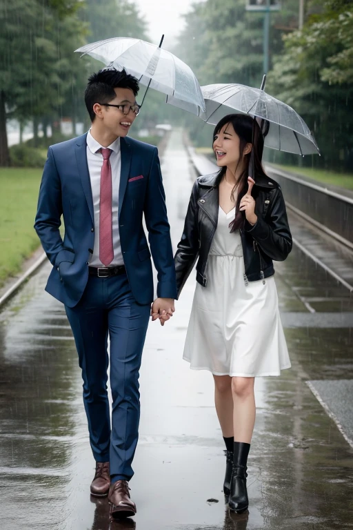 Rain road couple go