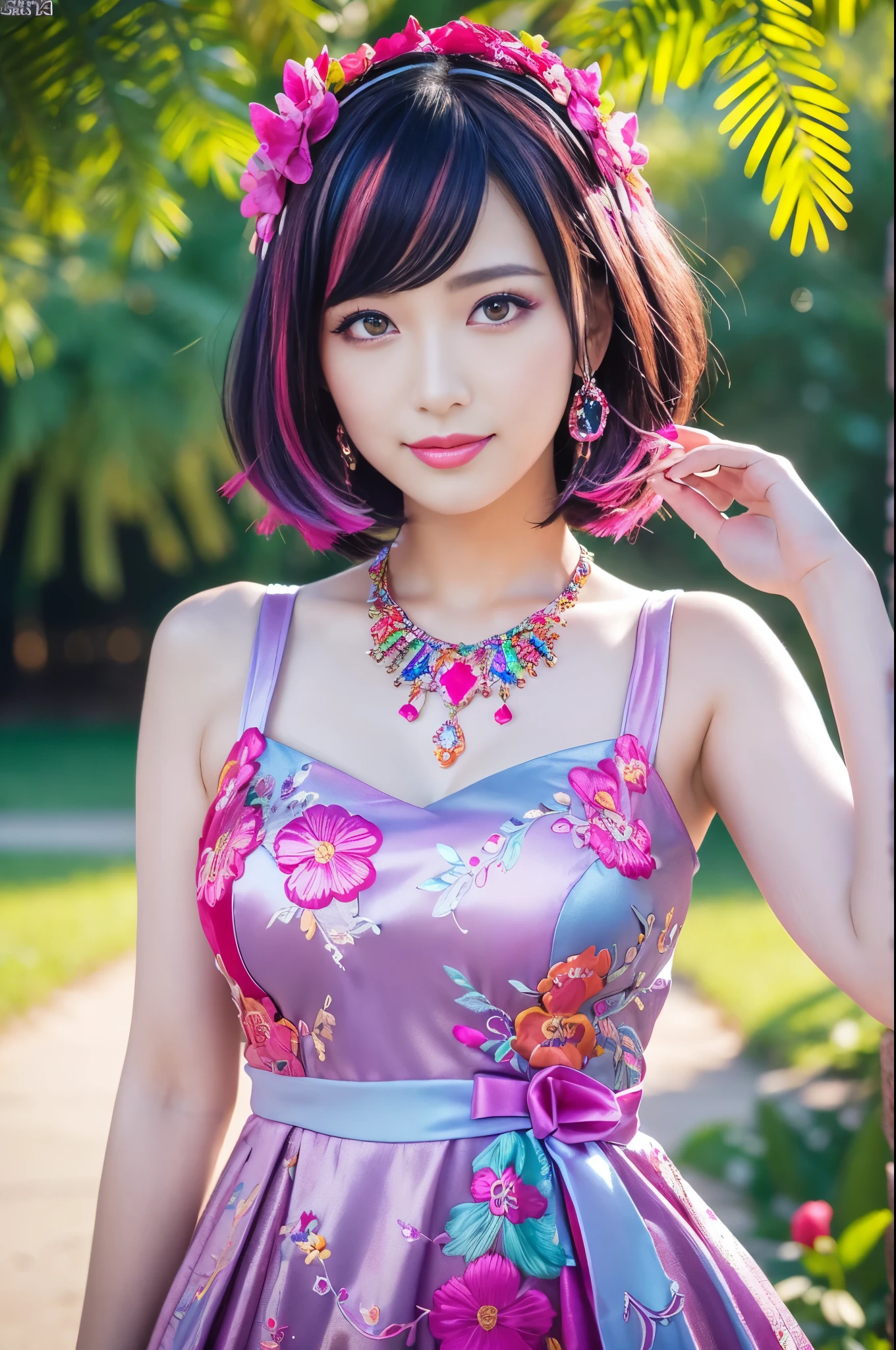 (masterpiece:1.4), (best quality:1.4), ultra high res, ultra high resolution, ((ultra detailed facial features)), HDR, (realistic, photorealistic, photo-realistic:1.37), full body Esbian, sexy Swedish model, (-anime), vivid colors, ((vivid colors multicolor (fuchsia, pink, light blue, purple) very short hair)), (seductive smile), ultra detailed metallic makeup, lip-gloss, long lashes, defined eyebrows, wearing large sparkling colorful jewelery, wearing a red silk Paradise Kiss cosplay dress with black floral embroidery, ((vivid colors outfit)), vivid colors, look at the camera, cinematic light, large park background with trees, sweet and sexy pose