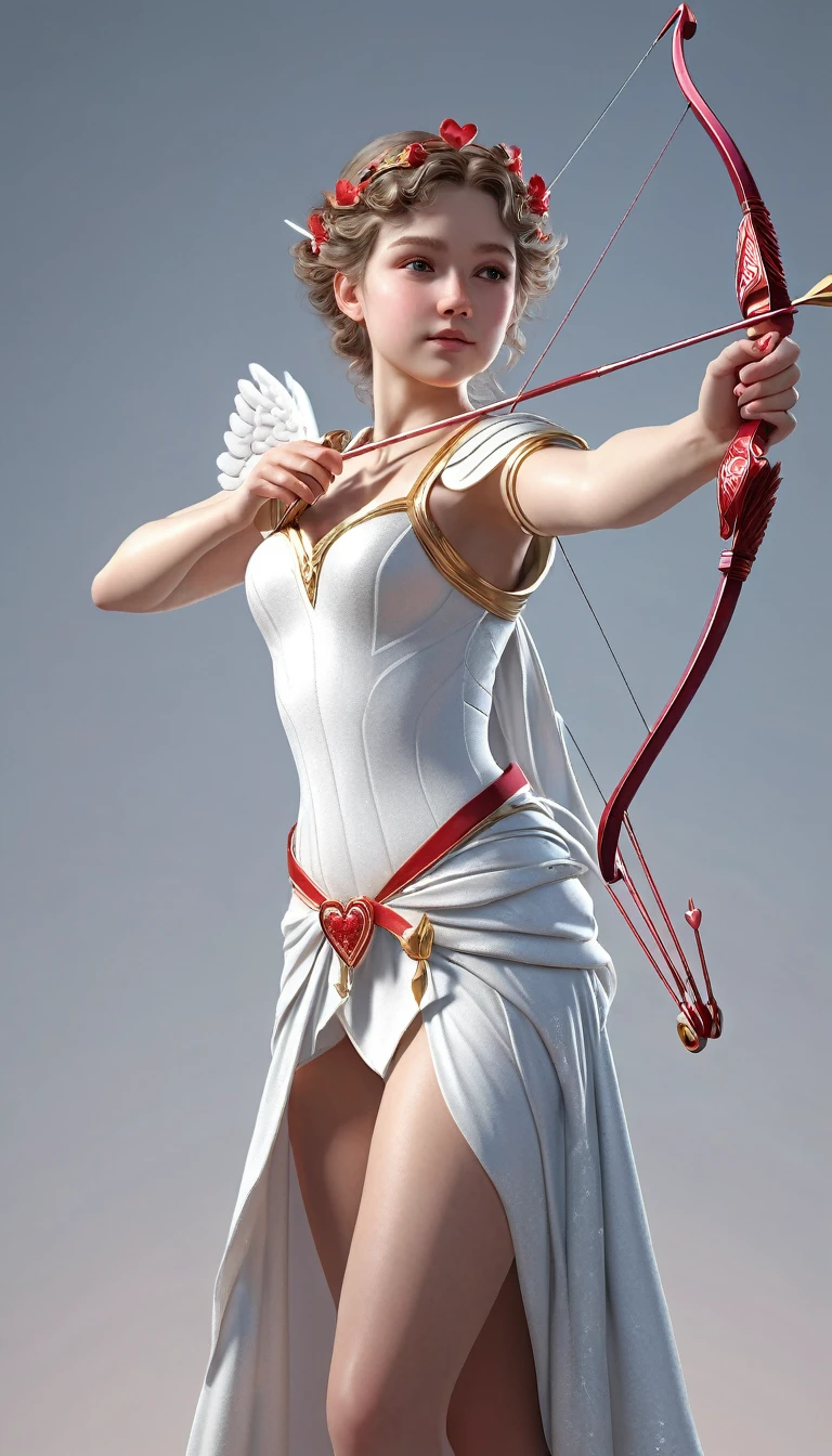 ((Masterpiece, top quality, high resolution)), ((highly detailed CG unified 8K wallpaper)), Cupid holding a bow, arrow tip shaped like a heart, aiming at viewer, full body, fluttering thin robe wrapped around body, photorealistic