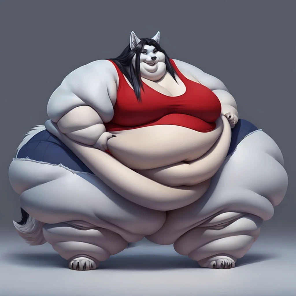 Grey wolf, female, long hair, massive breasts, massive hips, massive thighs, morbidly obese, fat arms, fat legs, belly rolls, fat rolls,fat neck, chubby cheeks, double chin,big fluffy tail , tank top, shorts 