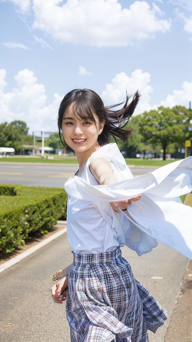 Drawing from below:2.53,One Girl、Beautiful and detailed eyes and face、barefoot、Cute 16 year old Japanese girl, ((Extremely precise and accurate anatomy:1.0)), (photo Realistic:1.4), (hyper Realistic:1.4), (最高品質のRealisticな肌の質感:1.4), (Improvement of quality:1.4), (Enhances the beauty of skin texture:1.1), Clean and glowing skin, mesh, thin:1.2, (Realistic:1.3), Realisticなライティング, (Smoother lighting:1.05), (Improving the quality of cinema lighting:0.9), Backlight, A gentle light for your face, Ray Tracing, (Bright light:1.2), 32K, One Japanese woman, fine grain, Detailed face, (Film Grain:1.1),(Accentuates body lines:1.1), High resolution, Natural look, Kind eyes, Improves hair quality, Delicate light and shadow, Graceful pose, Sharp details, Soft light reflection, Beautiful contours, Delicate skin tone, Fine hair texture, Natural background, (((sunnyた日、School Area、A strong wind is blowing、Her hair and skirt are flying、 Open shirt、Pleated skirt、stroll:1.25、Light of the sun、sunny、stage、Blue sky and white clouds、The joy of youth)))、