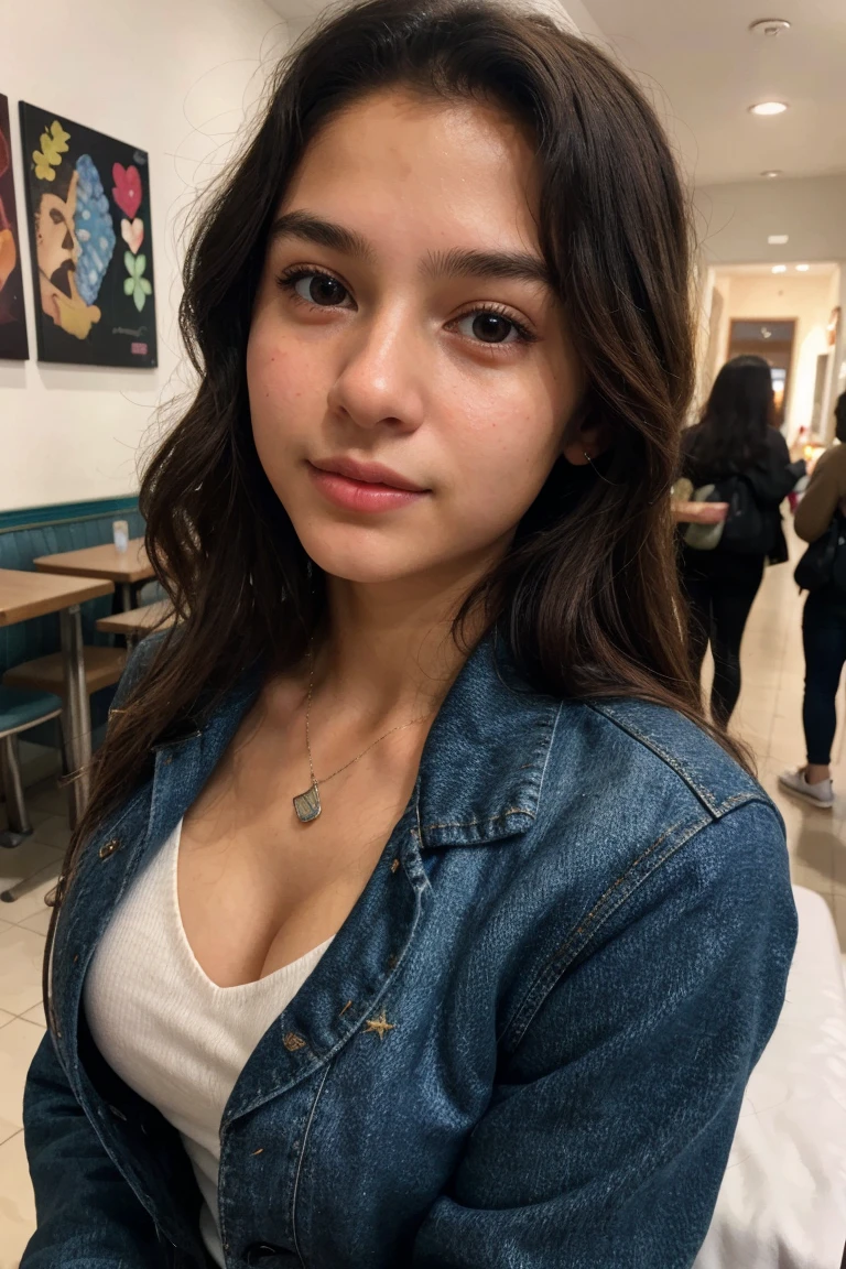 create ultrarealistic, hyperdetailed, anatomically correct 13 year old girl (by the cafe, Beautiful, innocent, medium bust, small, of American and Costa Rican descent ) upper body selfie from hand (front camera of a phone) in bed, wearing a black sweater and a jean jacket