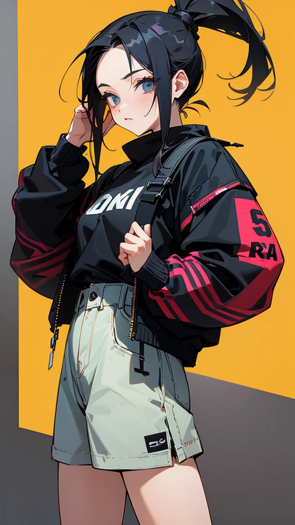 Woman, 20 years old, black ponytail style hair, outfit grunge. I'm drawing digital arts on my iPad